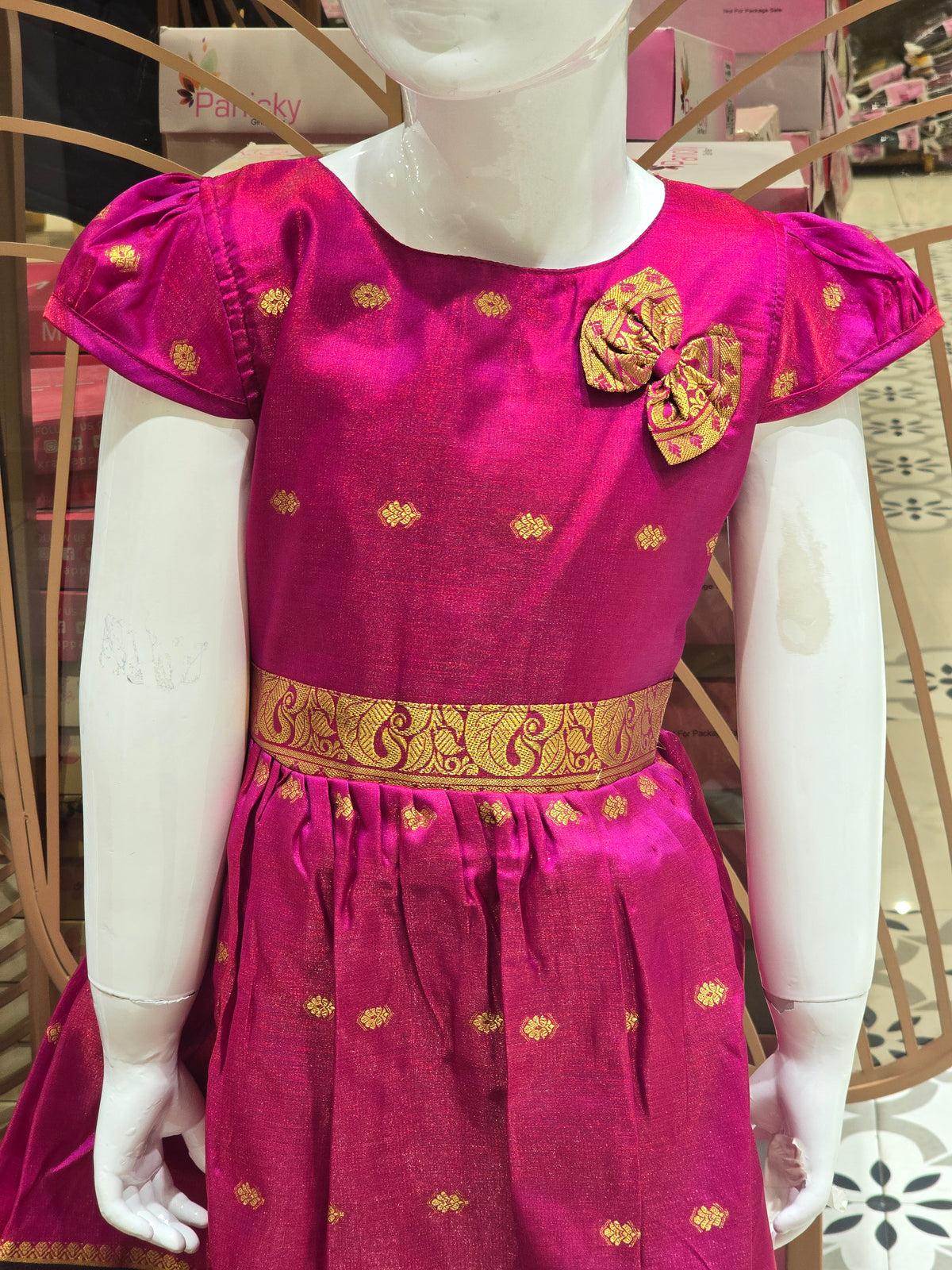 Pink South Indian Pattu Pavadai Style Cotton Frock for Girls
