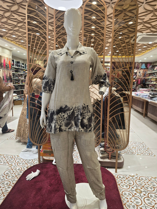 Women’s Lenin Cotton Coat Set in Grey Creamish Shade with Floral Motif Printed Sleeves and Border, V-Neck Kurta and Trousers for Daily Wear