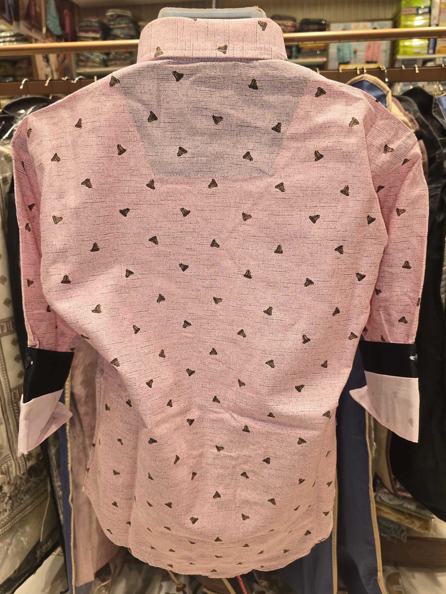 Boys Baby Pink Cotton Printed Shirt with Black Cuff Detail and Full Sleeves