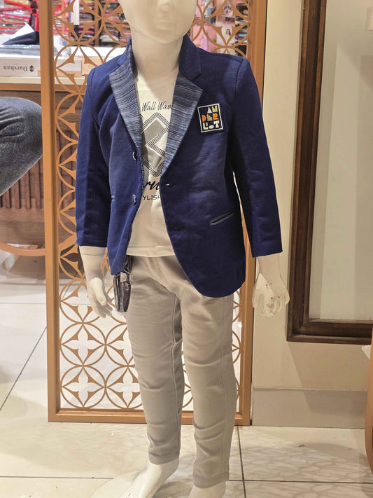 Lycra Material blue colour coat set for boy with pockets