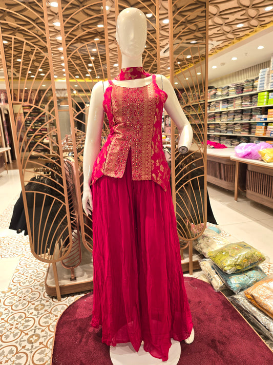 Women Cherry Pink Banarasi Sharara Set