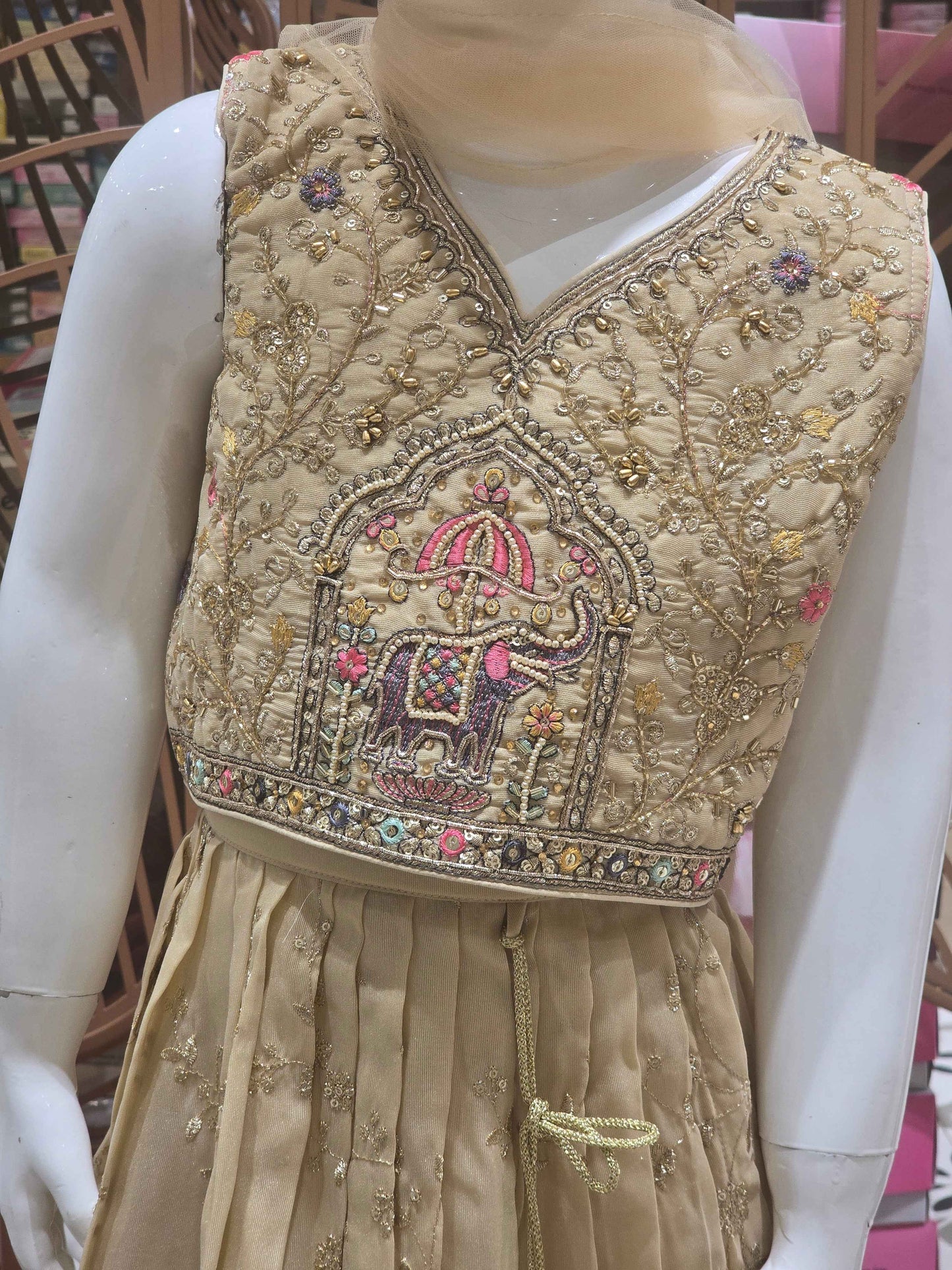 Chinon material ghagra choli for girl with zari embroidery and ladkans