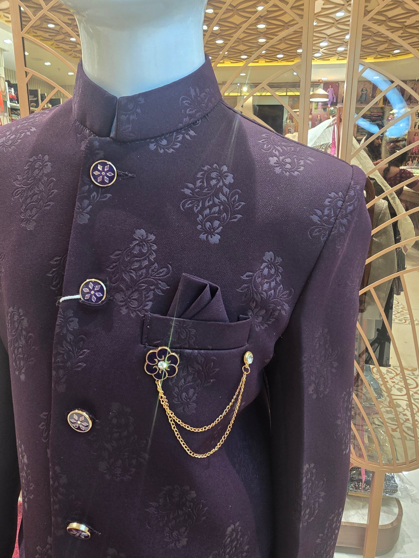 Wine Colored Satin Silk Indo-Western Suit with Position Prints and Stylish Brooch