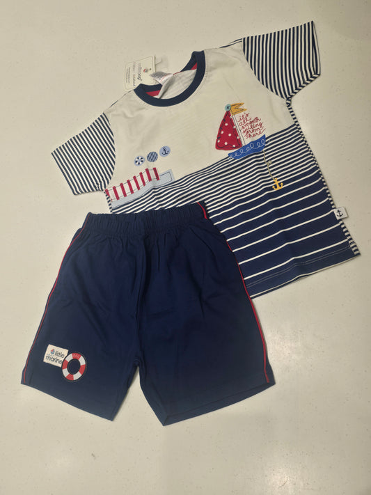 White & Blue Boys' Cotton 2-Piece Nautical Graphic T-Shirt & Pants Set