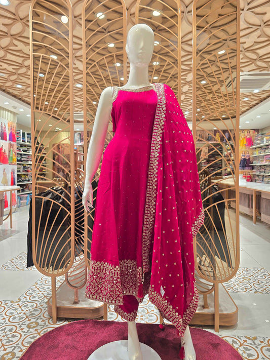 Semi silk material Rani pink colour anarkali set with speghetti neck