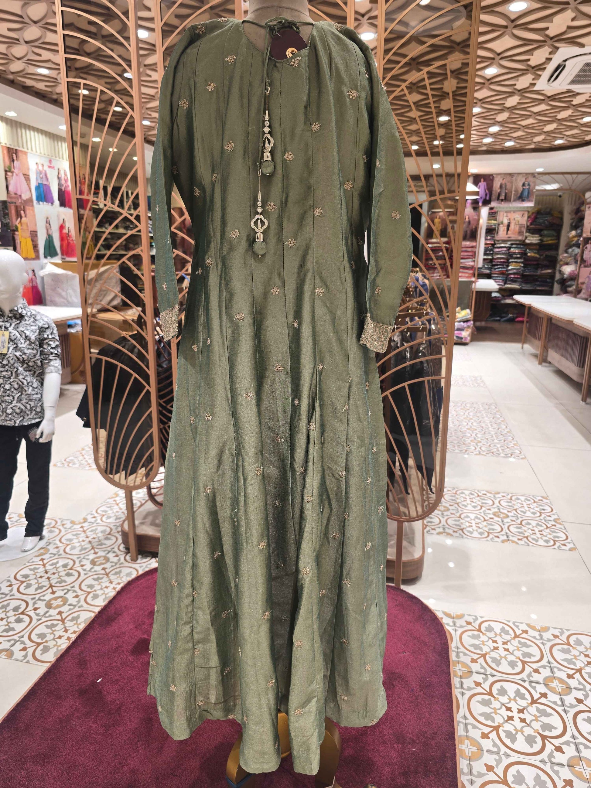 Silk mix Material pista green color Anarkali full sleeve kurta set