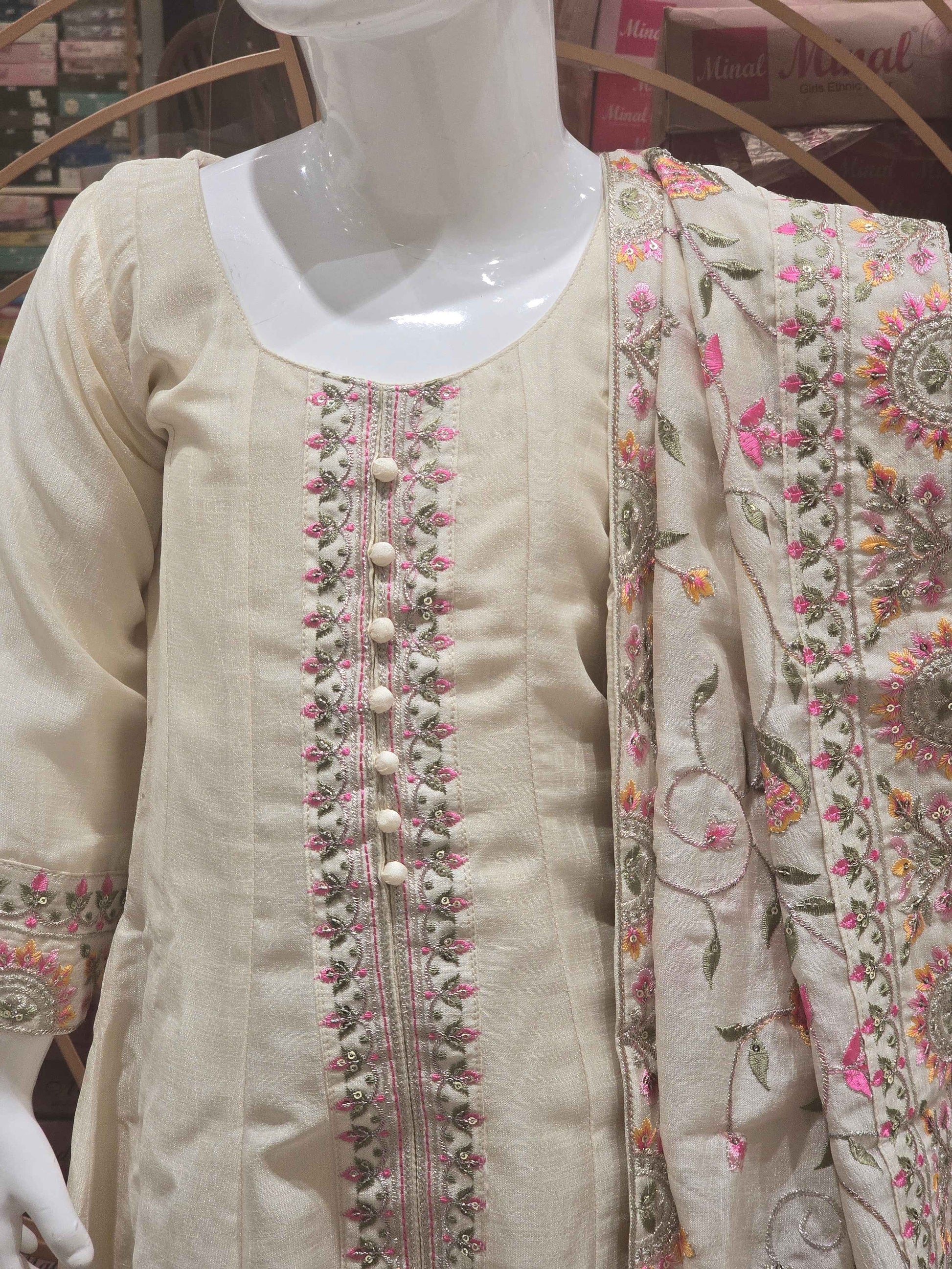 Crepe material cream color Anarkali for girl with multi color thread work with grand dupatta