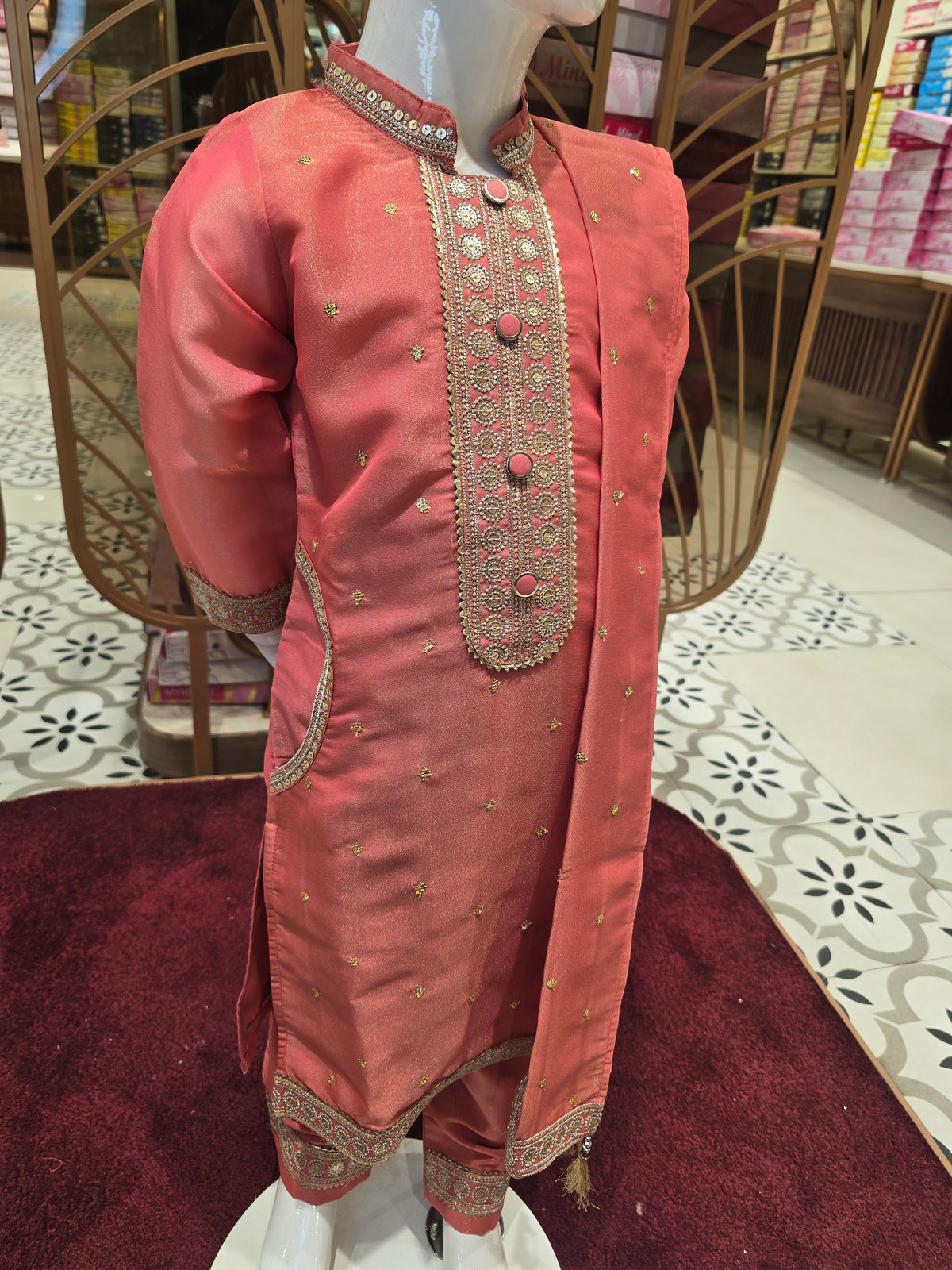 Girls Light Peach Zari Crepe Straight Kurta Set
