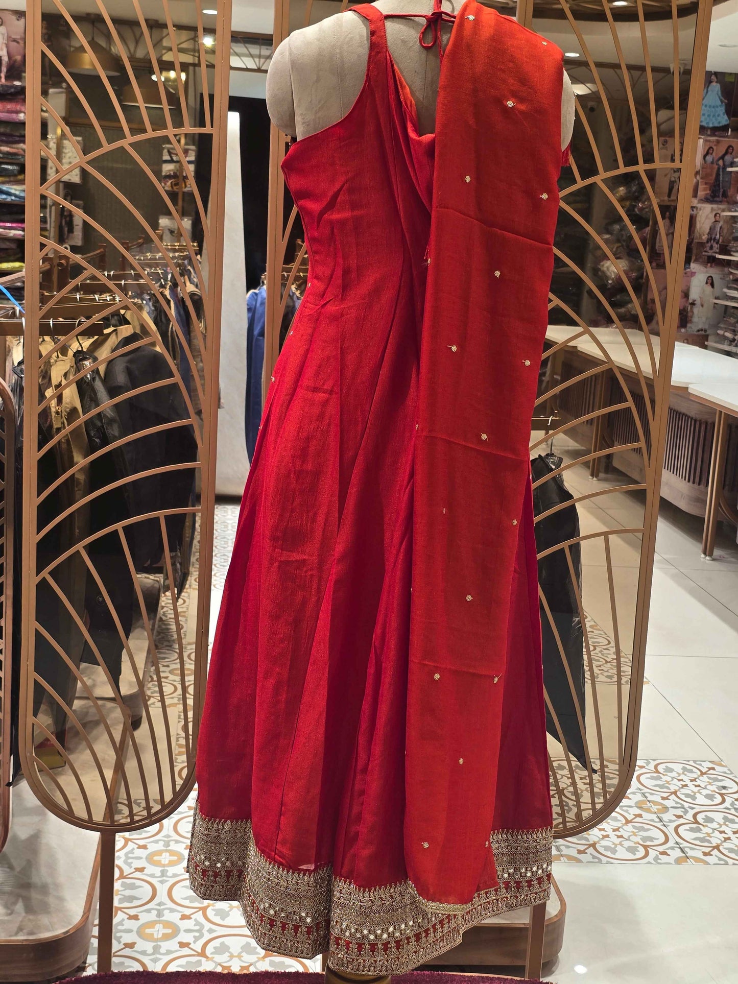 Crepe silk material orange color Anarkali kurta set