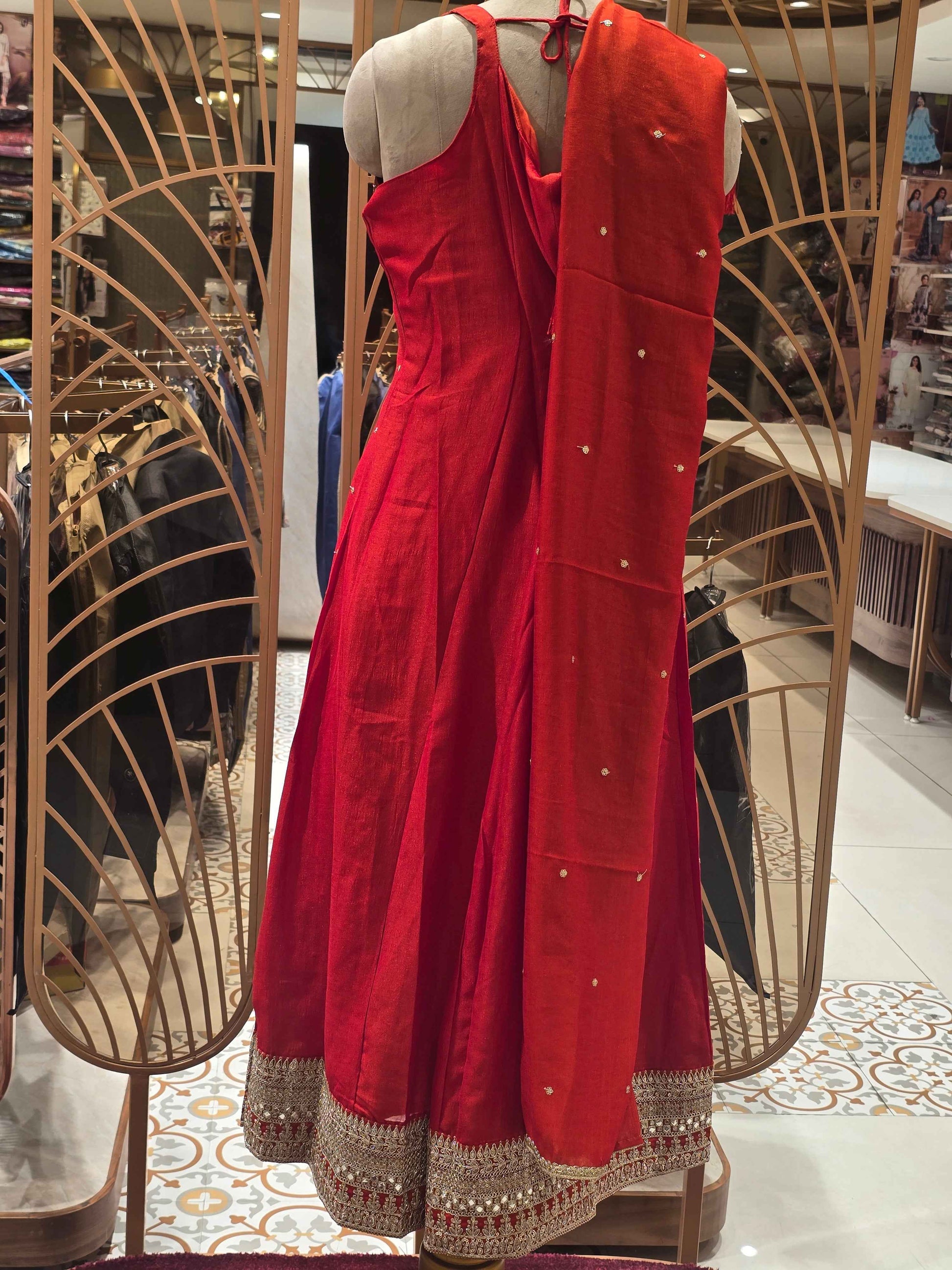 Crepe silk material orange color Anarkali kurta set