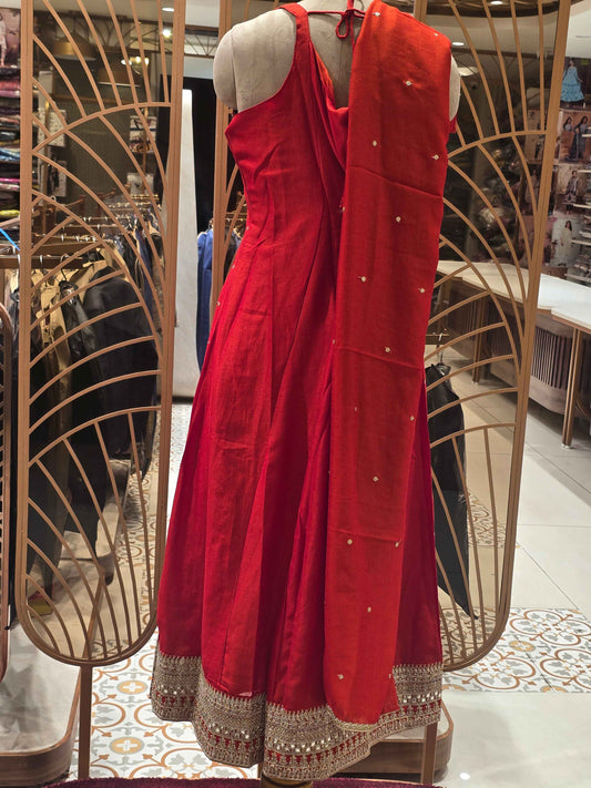 Crepe silk material orange color Anarkali kurta set