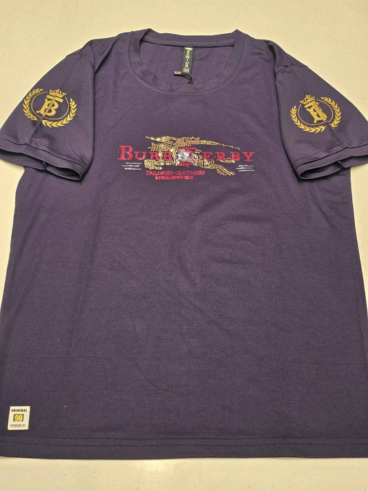 navy blue t-shirt featuring a stylized graphic inspired by the luxury brand Burberry.