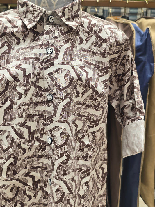 Boy White Chocolate Brown Printed Cotton Shirt