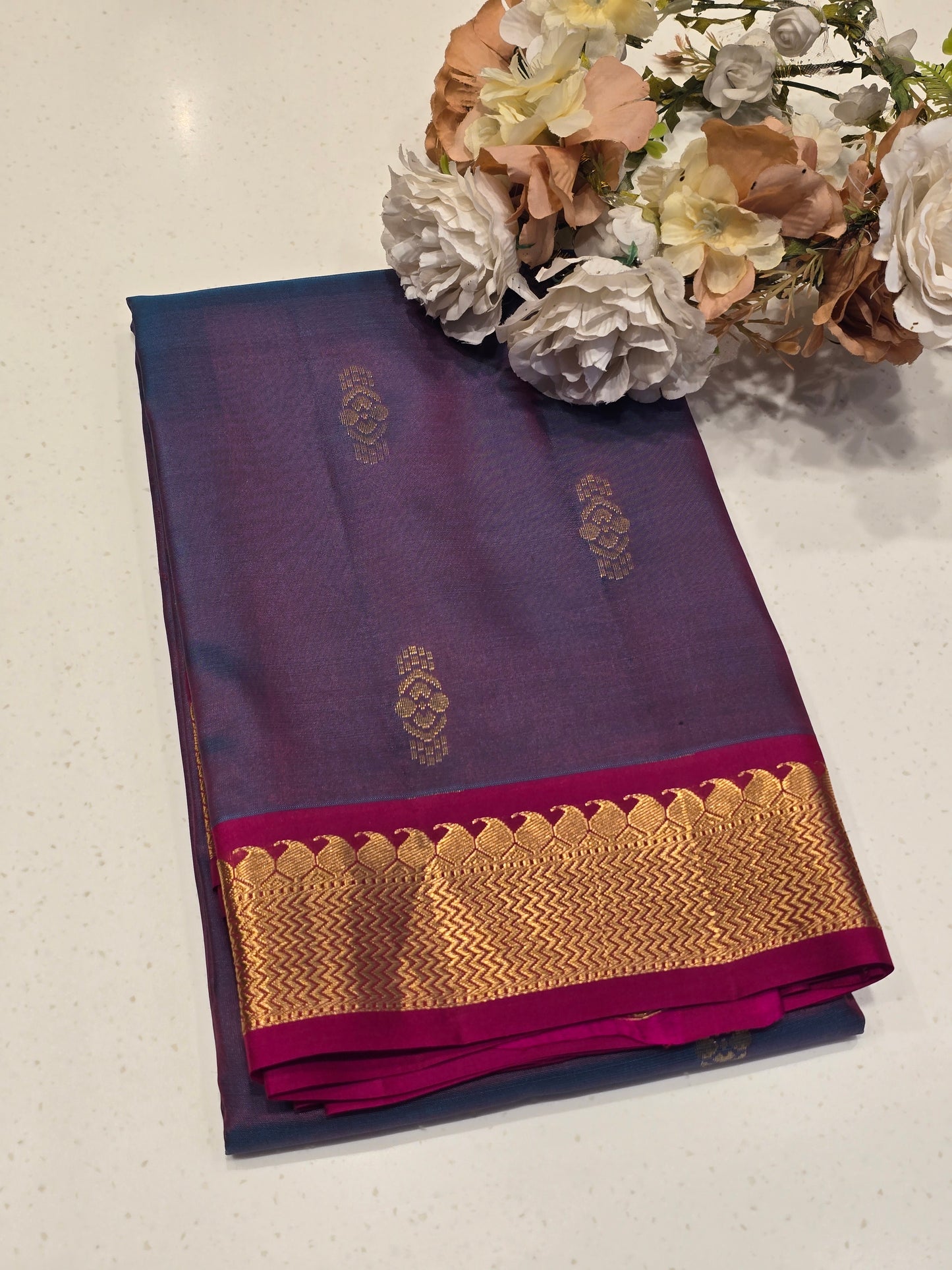 Pure Handloom Kanjivaram Silk Saree in Peacock Blue with Fancy Butta Body, Gatti Mango and Zigzag Border, Rich Pallu for Wedding and Festive Occasions