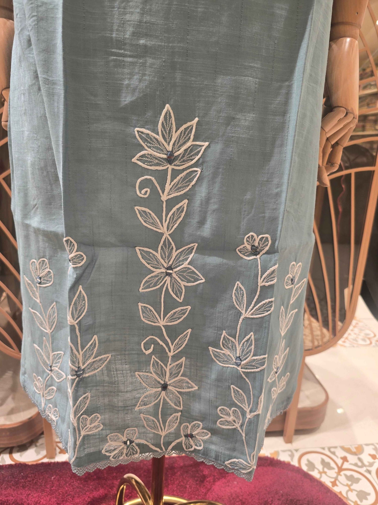 Cotton material grayish blue color kurti with floral white embroidery