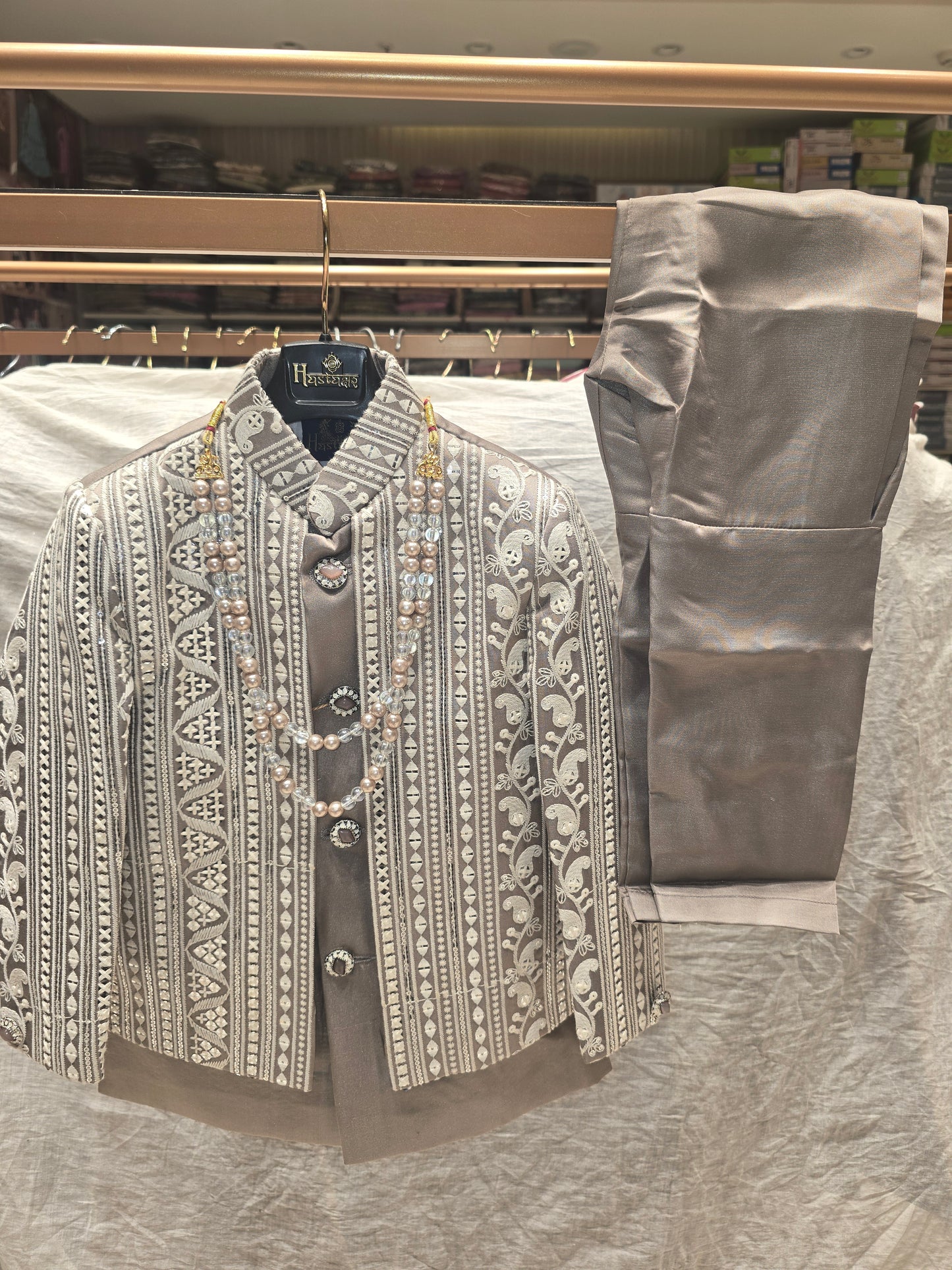 Boys Grey Dupion Silk Indo-Western Set with White Embroidered Jacket and Mala