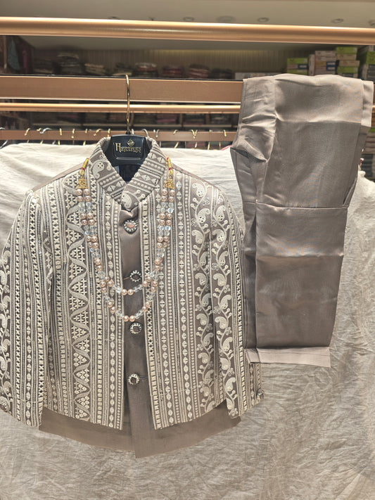 Boys Grey Dupion Silk Indo-Western Set with White Embroidered Jacket and Mala
