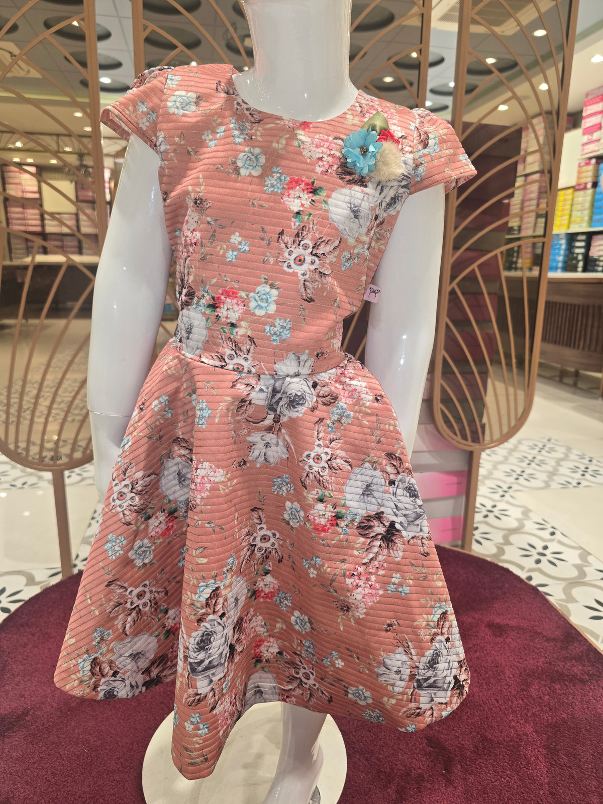 Girls Peach Floral Satin Shirt Frock with Megha Sleeves and Golden Belt