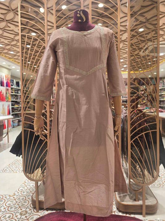 Silk mix Material peach color kurti top with round neck