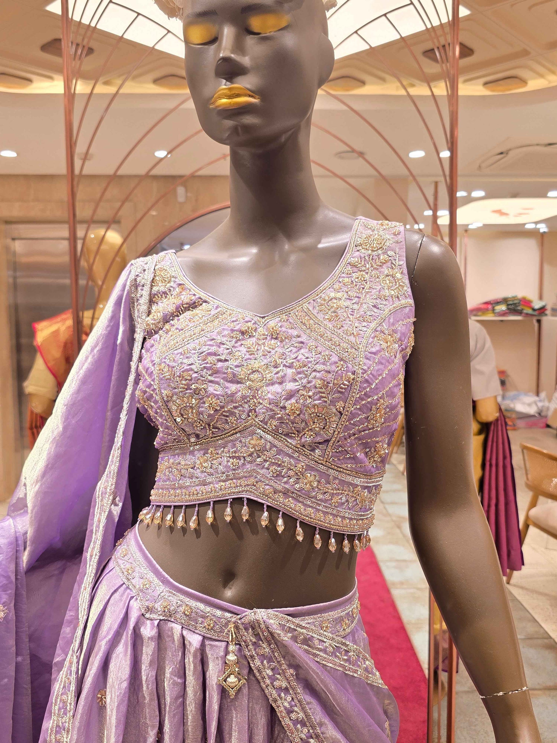 Lavender Tissue Silk Lehenga Choli with Gold Zari and Sequin Hand Embroidery