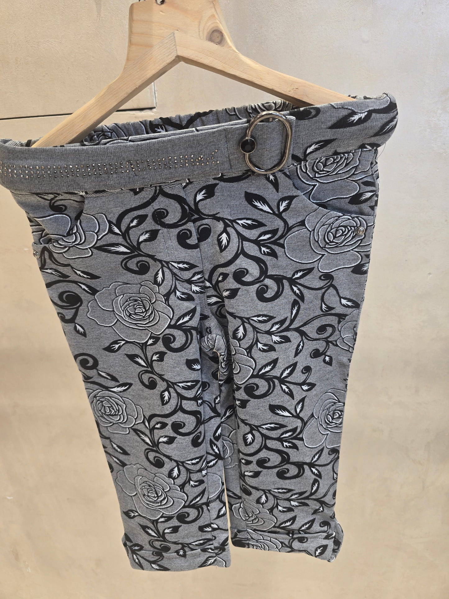 Girls Cotton Printed Capri Pant in Grey Base with Black and White Design and Elastic Waist for Summer Casual Wear