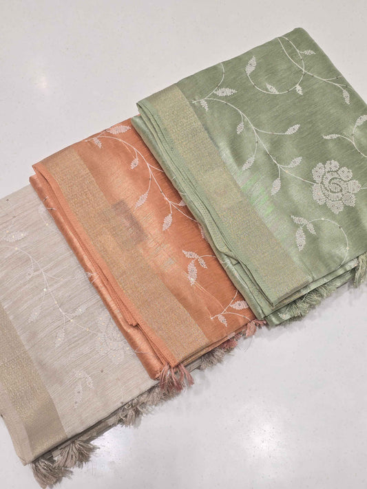 Tussar Saree with White Floral Embroidery