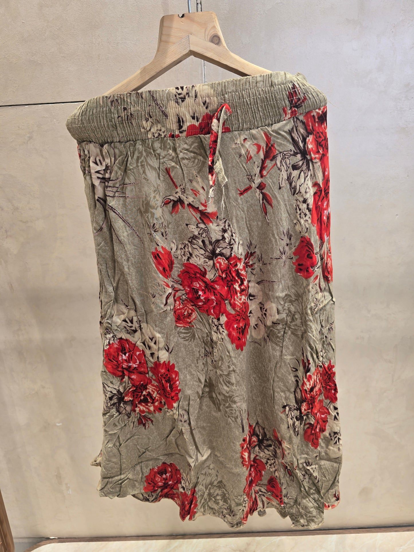 Girls Cotton Long Skirt in Cream with Red Rose Floral Prints and Elastic Waist for Summer Casual Wear