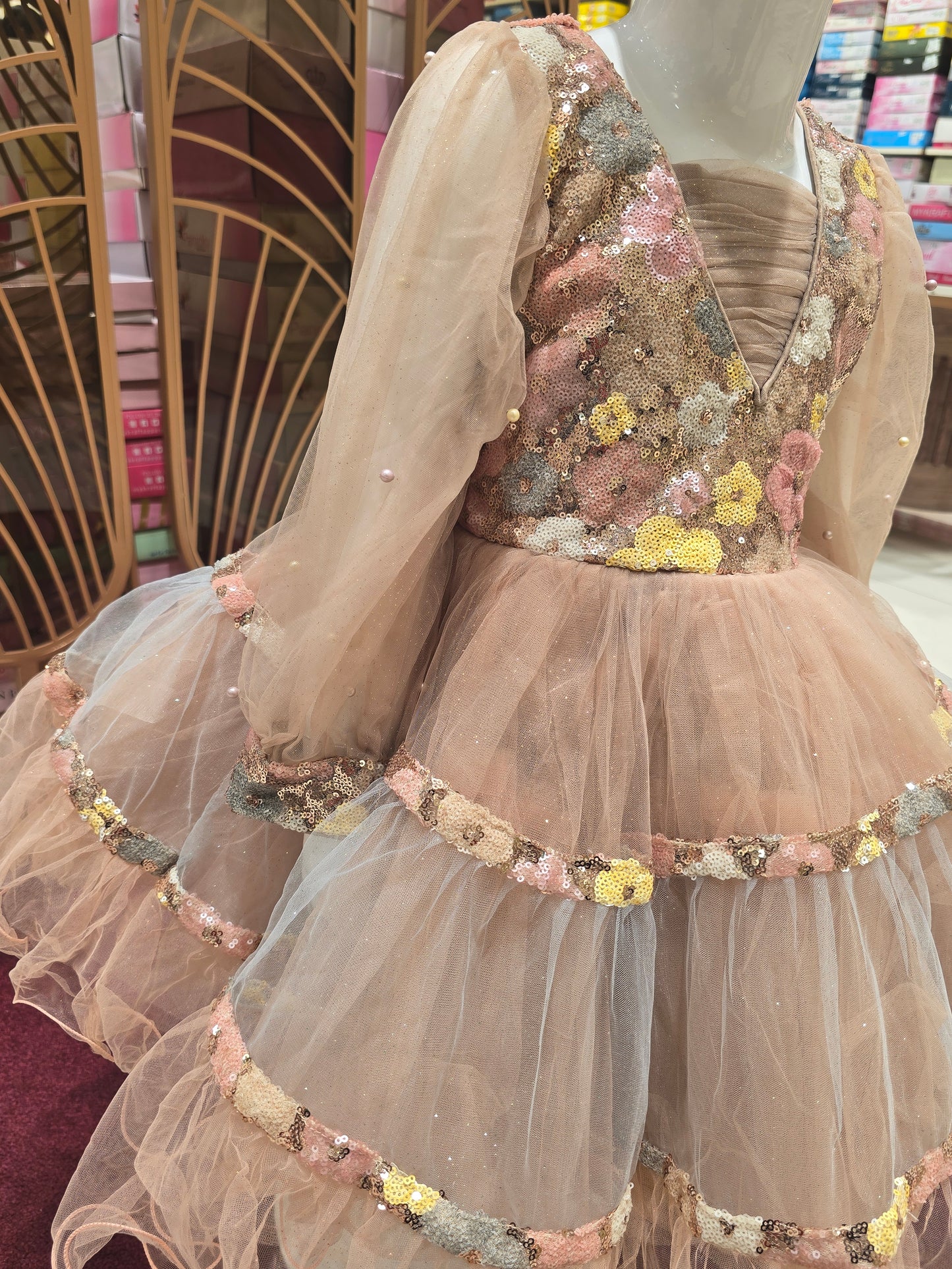 Girl Multi Shade Sequined Knitted Party Short Frock