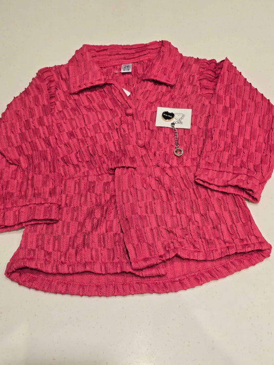 pink, crimp-textured button-down shirt featuring a cinched elastic waist belt, a spread collar,