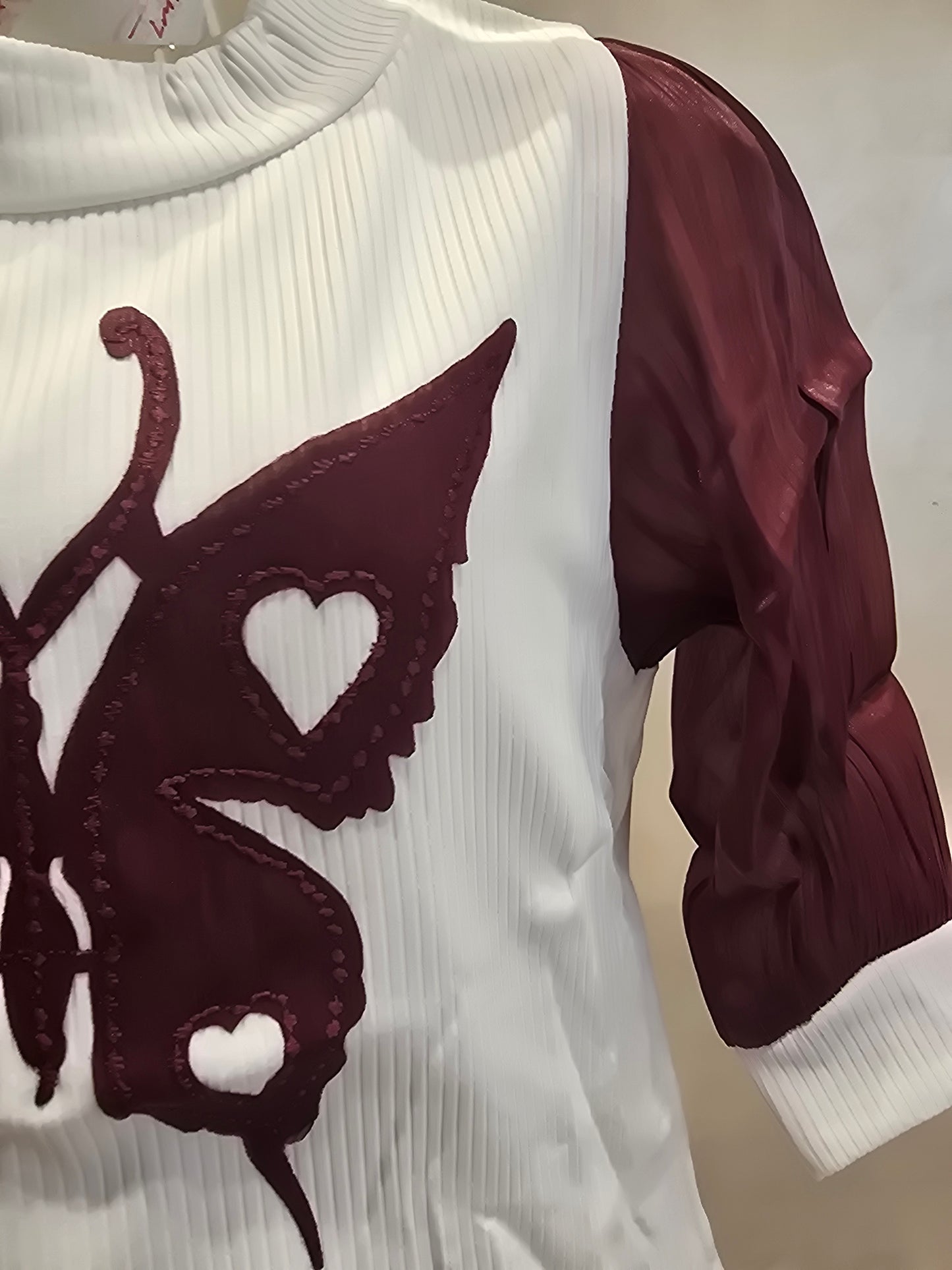 White & Maroon Hosiery Western Top for Girls with Heart Butterfly Design and ¾ Sleeves – Party Wear