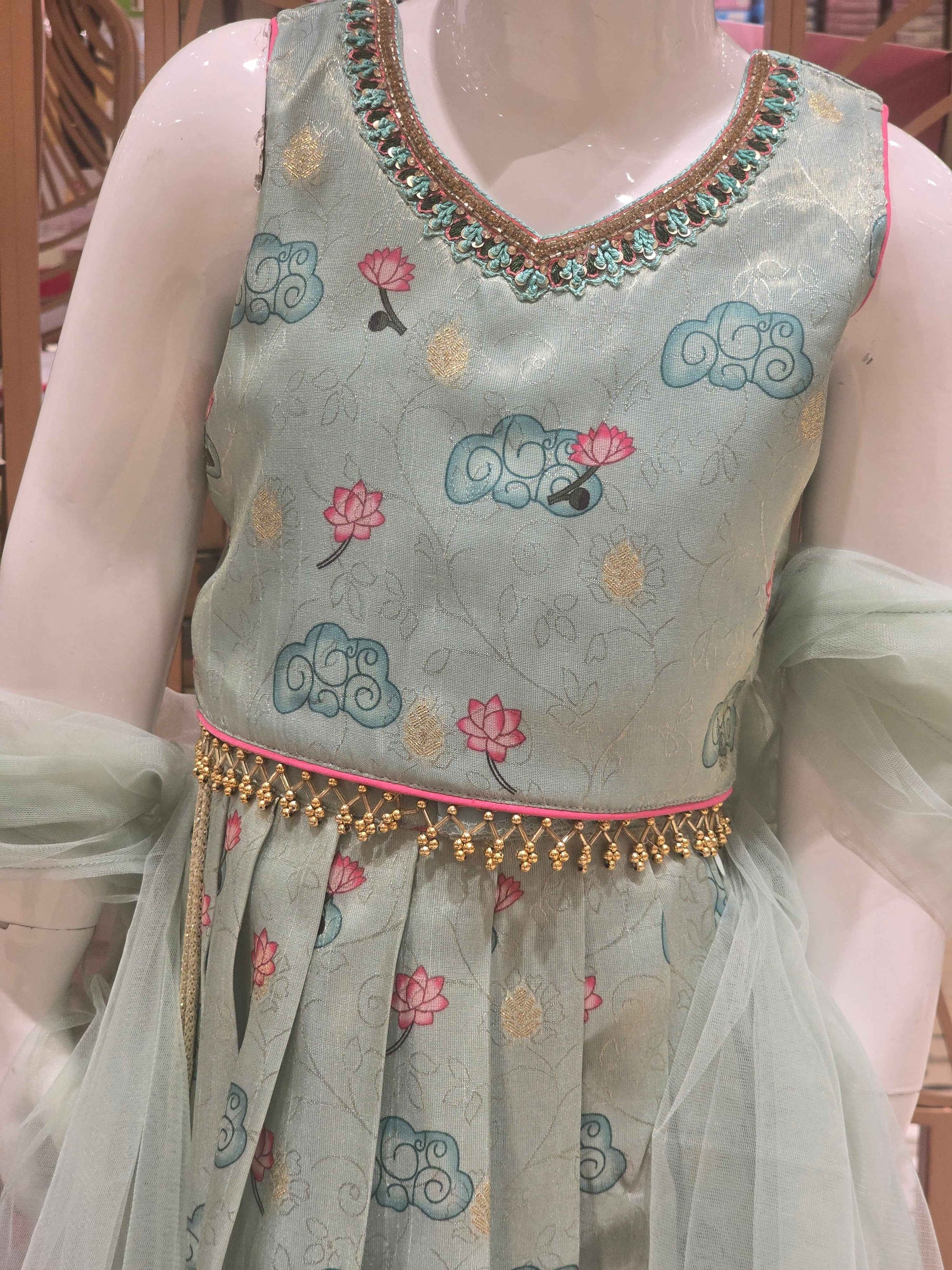 Tissue Material sky blue colour traditional wear with kalamkari print