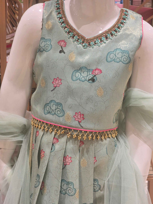 Tissue Material sky blue colour traditional wear with kalamkari print