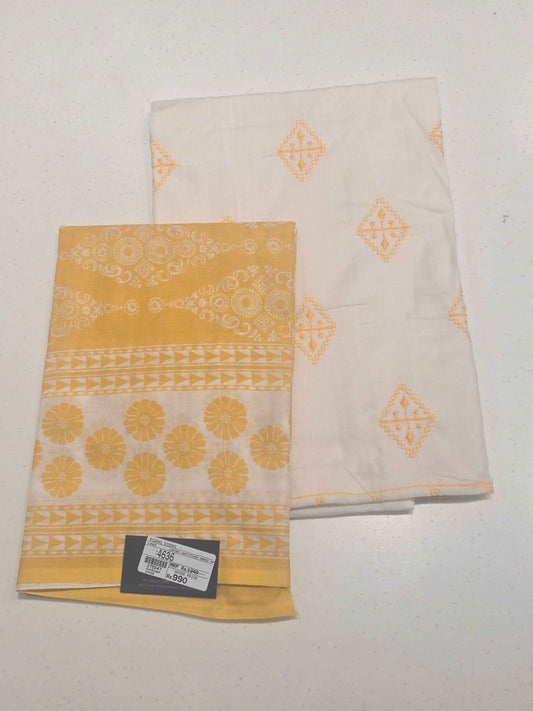 Women Yellow White Semi Cotton Dress Material Set