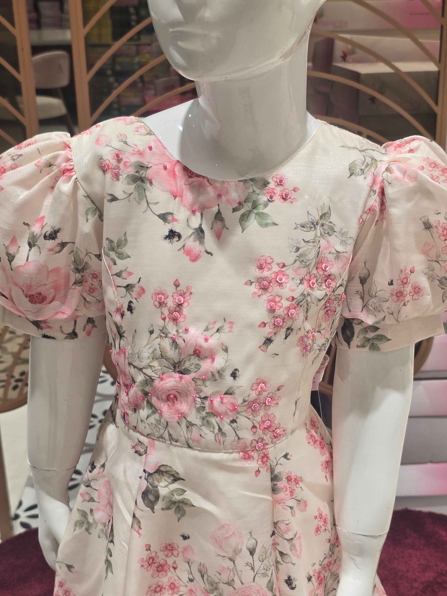 Printed satin material white based  floral prints with beats and buff Sleeves