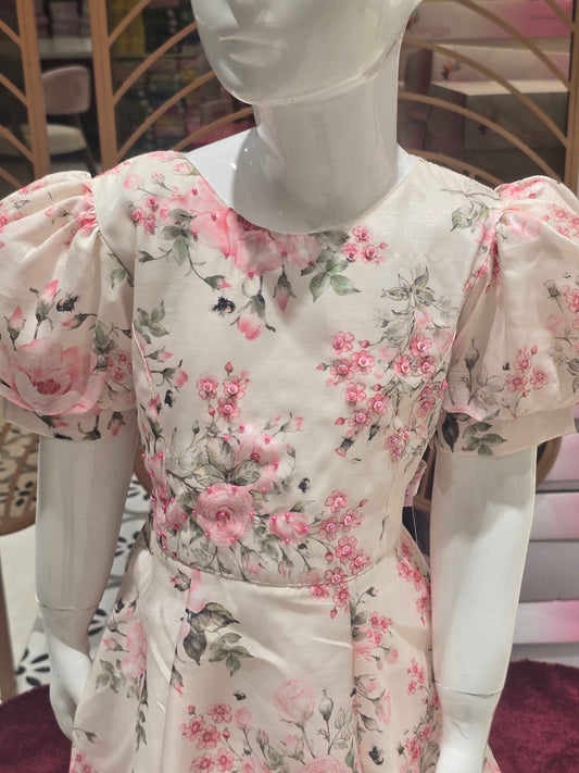 Printed satin material white based  floral prints with beats and buff Sleeves