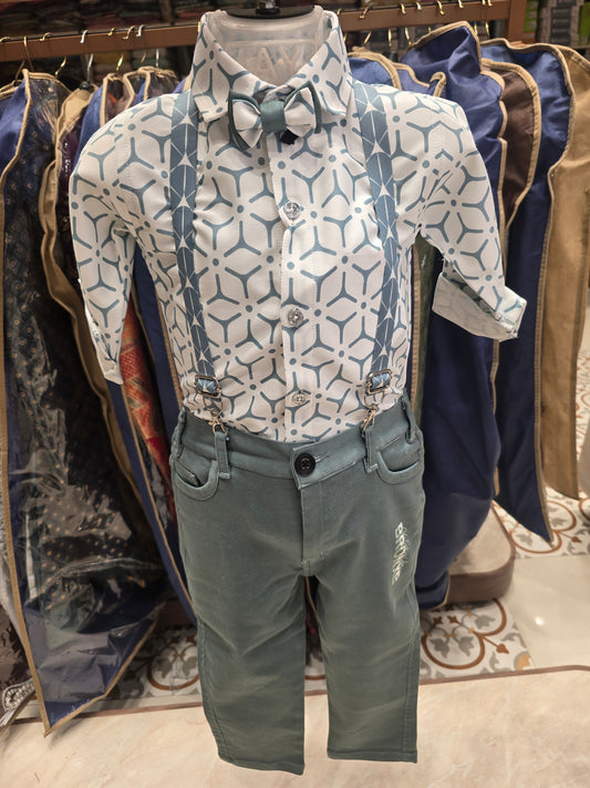 Sattin mixed printed dangri suspender with bow & cap , light green colored pant