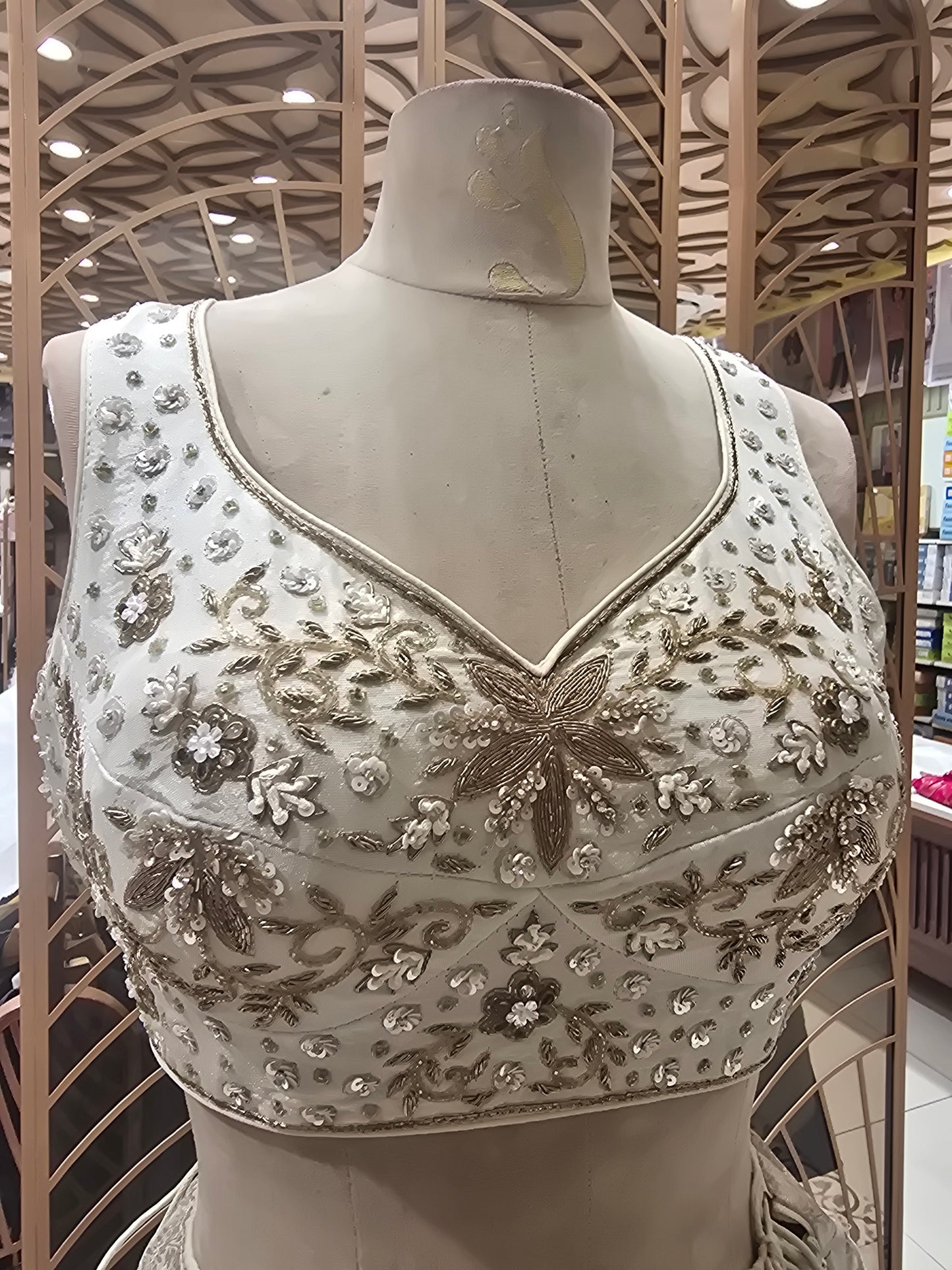 Half White Tissue Banarasi Lehenga with Banarasi Butta & Stone Work V-Neck Blouse | Tissue Banarasi Dupatta
