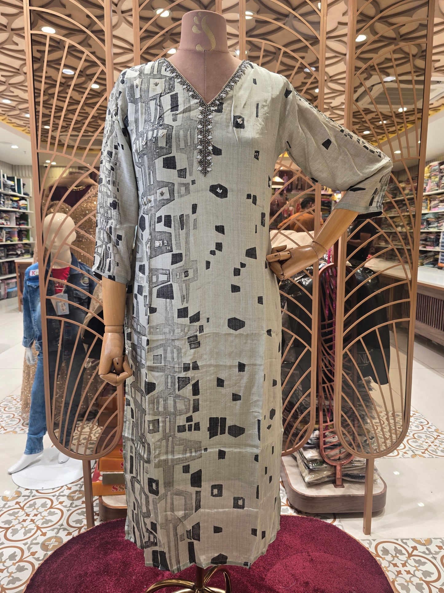 Women’s Rayon Straight Kurta in Grey with Mixed Structured Prints, Hand Work Detailing, V-Neck and ¾th Sleeves for Daily Wear