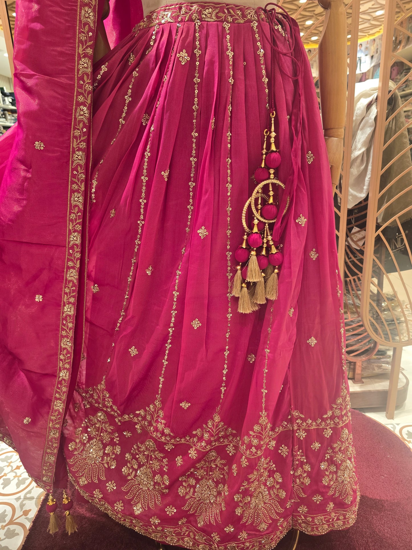 Rani Pink Tissue Bridal Lehenga with Handwork Blouse & Stone–Sequin Detailing | Elbow Sleeve & Tissue Dupatta