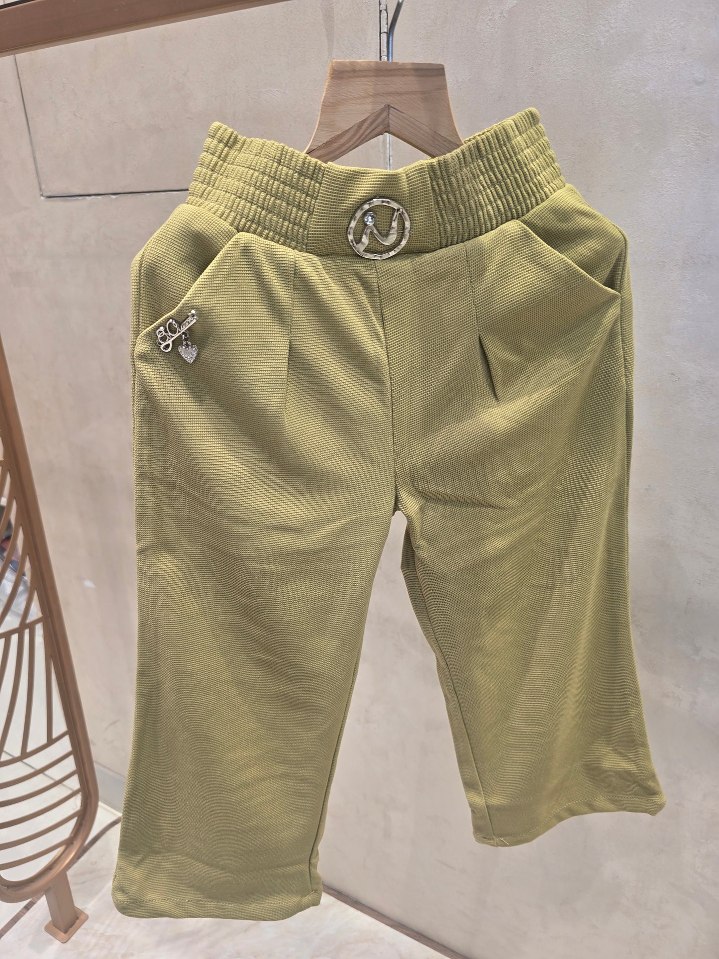 Light Green Stretchable Lycra Pant with Elastic Waist and Stylish Logo