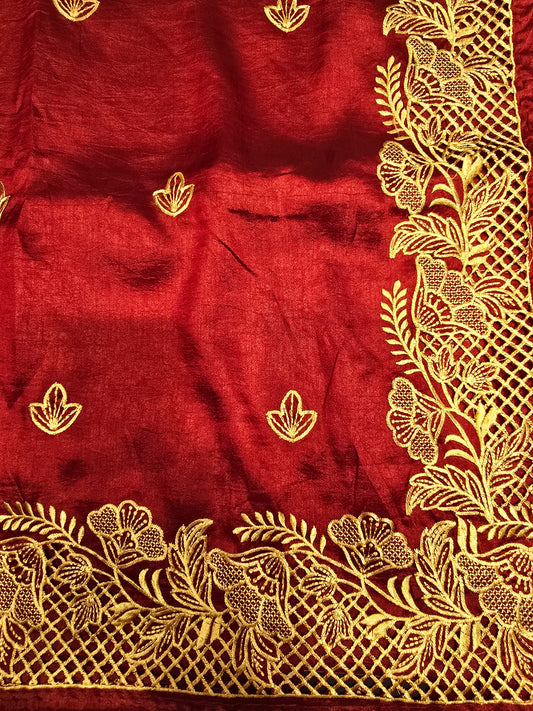 Maroon Tussar Saree with Golden Embroidery Border
