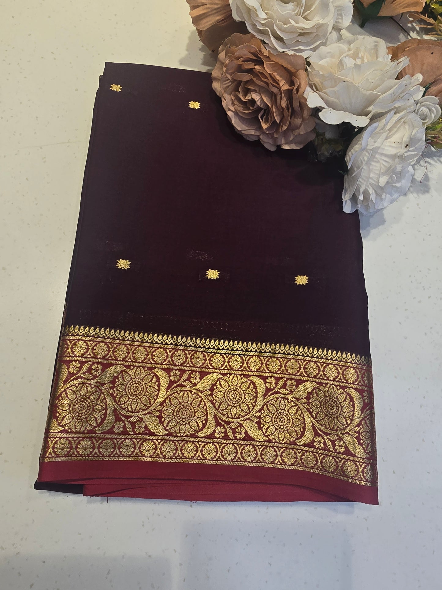 Pure Mysore Crepe Silk Saree with Butta Design and Traditional Zari Border | Lightweight Festive & Wedding Wear Saree