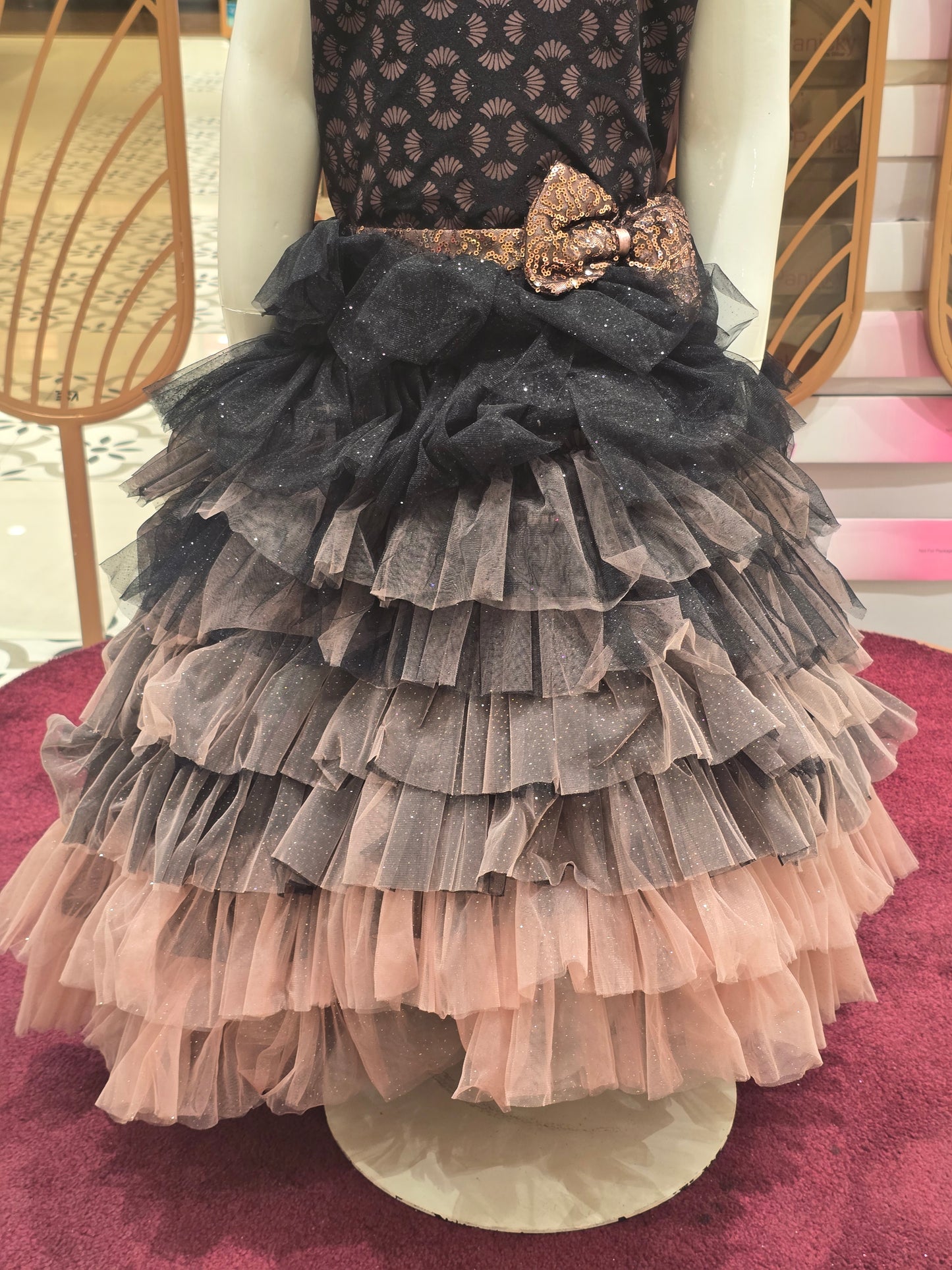 Girl Black Peach Layered Knitted Party Short Frock