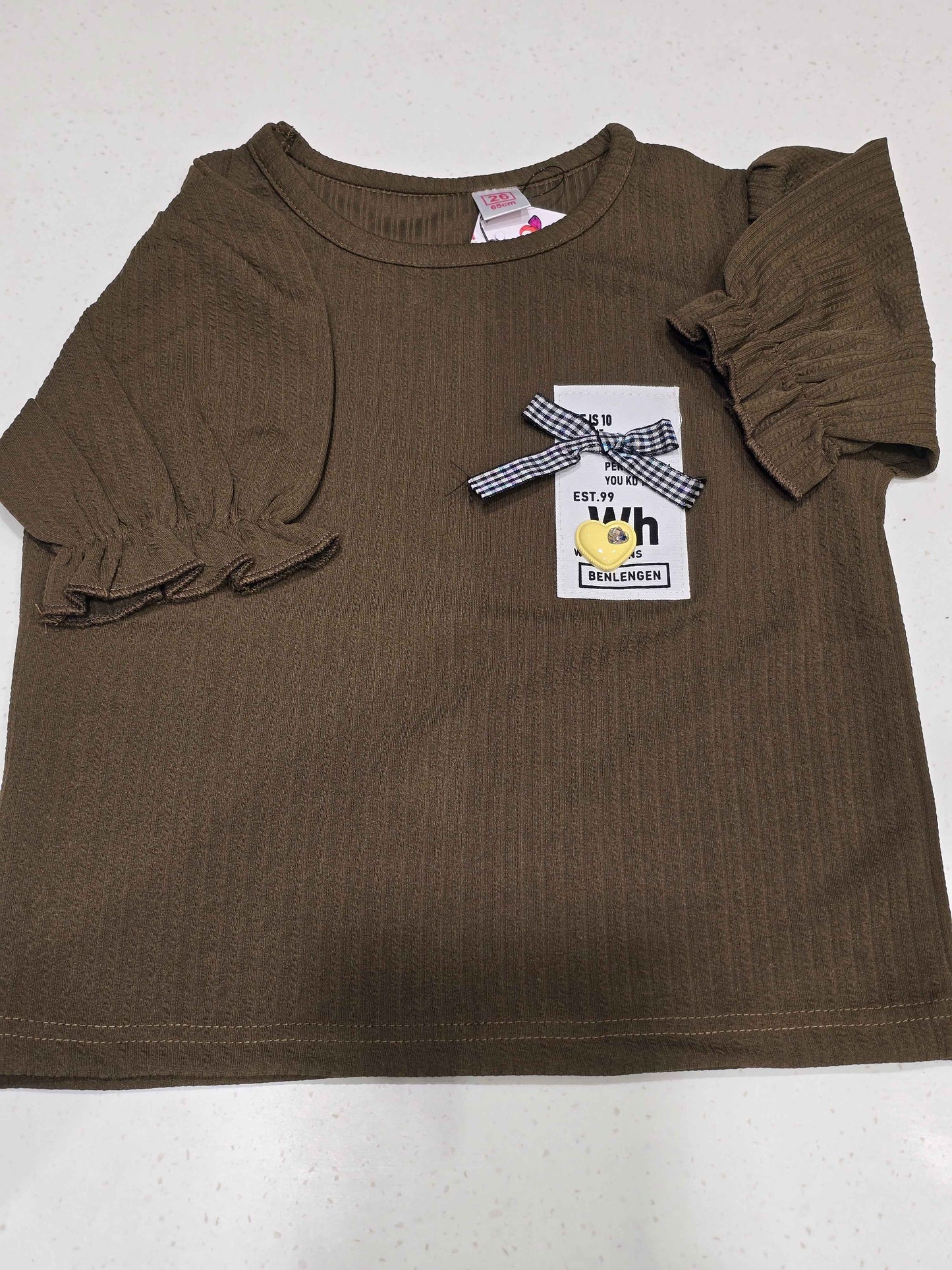 girl's ribbed puff-sleeve top/dress in an earthy brown shade