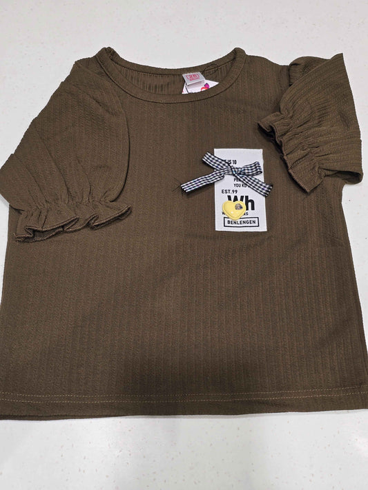 girl's ribbed puff-sleeve top/dress in an earthy brown shade