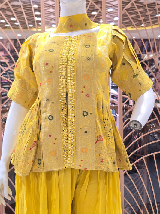 Women Yellow Banarasi Bandini Sharara Set