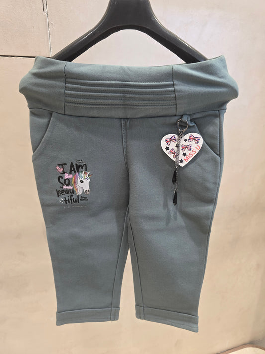 Girls Rayon Capri Pant in Sea Green with Left Side Key Chain Detail and Right Side Unicorn Rubber Print for Summer Casual Wear