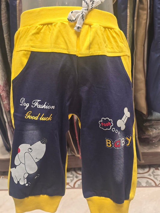 Yellow Cotton Shorts for Boys with Blue Rubber Print Design and Round Elastic Waistband for Summer Wear