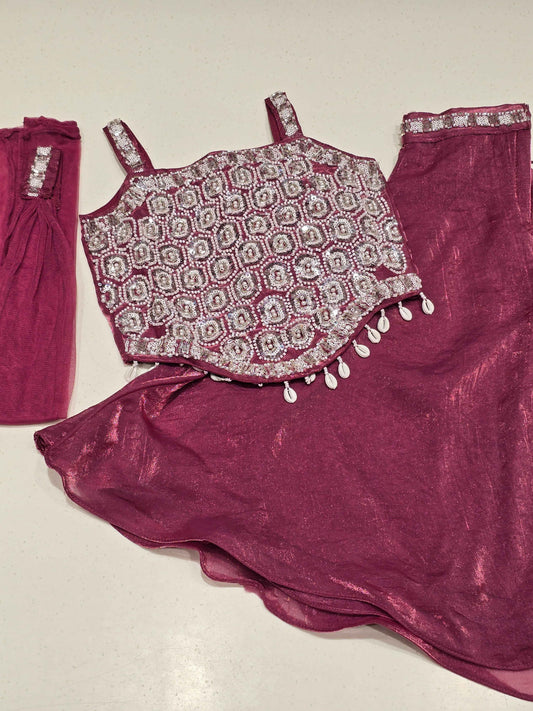 Shimmer material wine color sharara set with speghetti neck and chokar dupatta