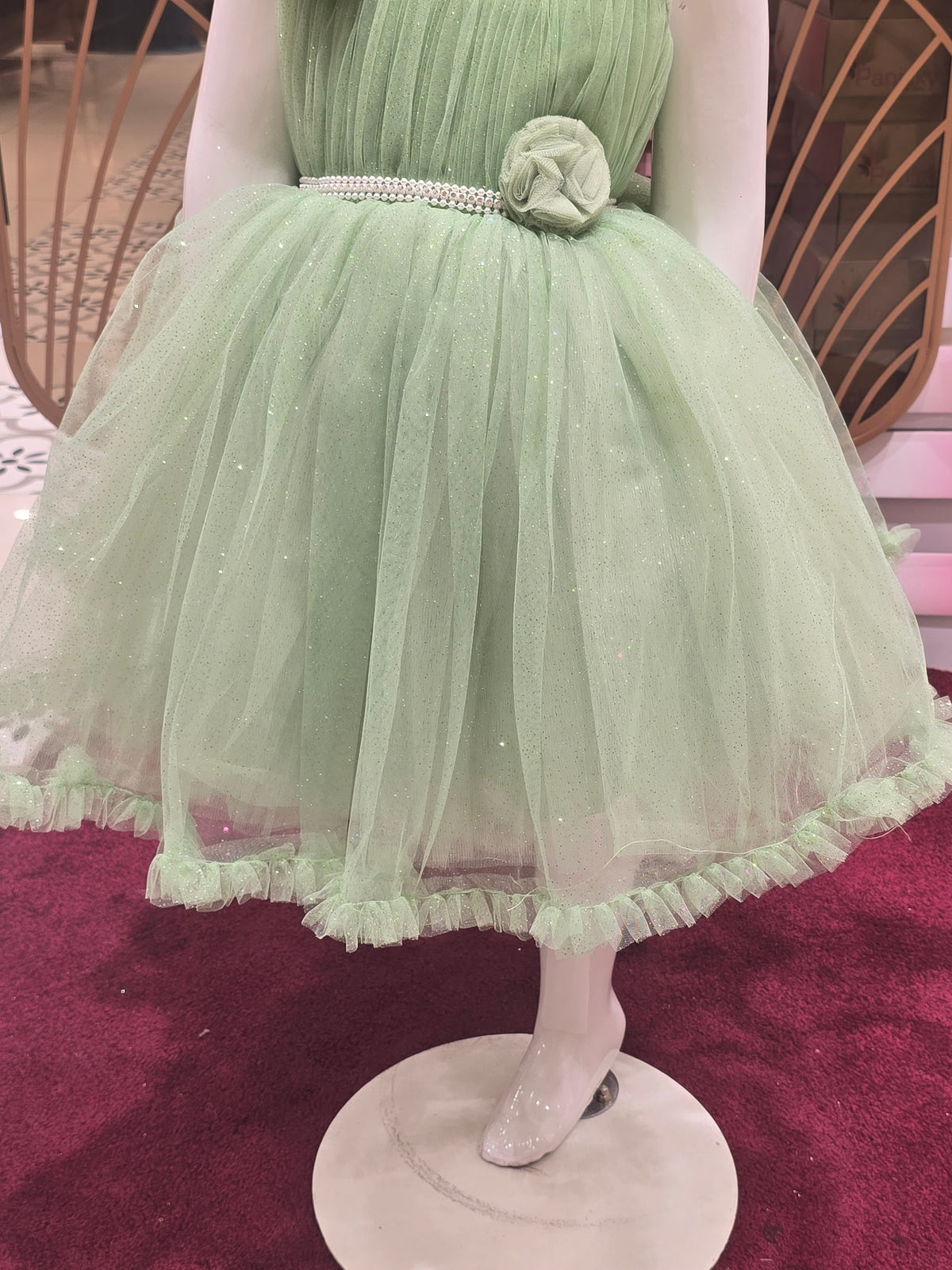 Girl Light Green Knitted Shimmer Party Short Frock